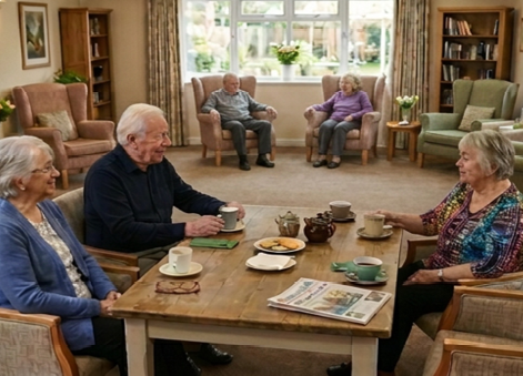 Three elderly people are sitting around a table, engaged in conversation. They are accompanied by chairs, a couch, and a dining table. There are also several books scattered around the room, and a cup and a bowl on the table. AI generated content